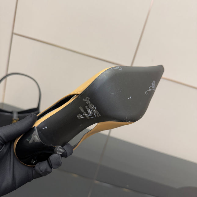 YSL 25S SLINGBACK HIGH HEELS 90 MM IN DARK BEIGE LAMBSKIN WITH GOLD HARDWARE STYLE 5