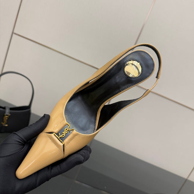 YSL 25S SLINGBACK HIGH HEELS 90 MM IN DARK BEIGE LAMBSKIN WITH GOLD HARDWARE STYLE 5