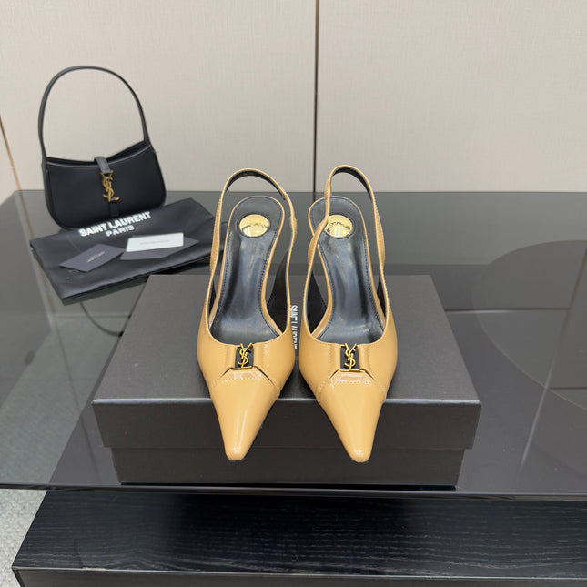 YSL 25S SLINGBACK HIGH HEELS 90 MM IN DARK BEIGE LAMBSKIN WITH GOLD HARDWARE STYLE 5