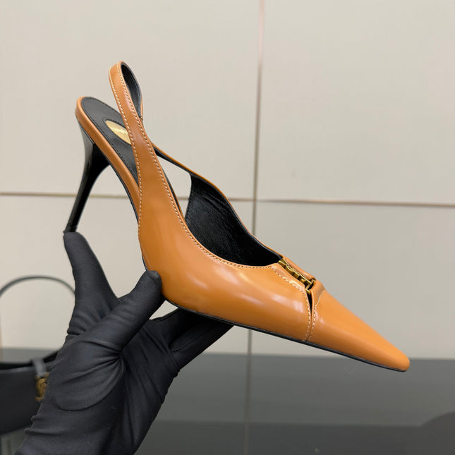 YSL 25S SLINGBACK HIGH HEELS 90 MM IN DARK ORANGE LAMBSKIN WITH GOLD HARDWARE STYLE 4