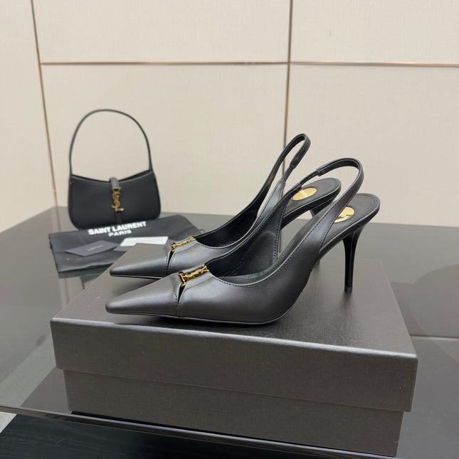 YSL 25S SLINGBACK HIGH HEELS 90 MM IN BLACK SMOOTH LAMBSKIN WITH GOLD HARDWARE STYLE 3