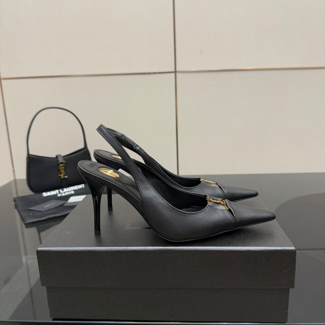 YSL 25S SLINGBACK HIGH HEELS 90 MM IN BLACK SMOOTH LAMBSKIN WITH GOLD HARDWARE STYLE 3
