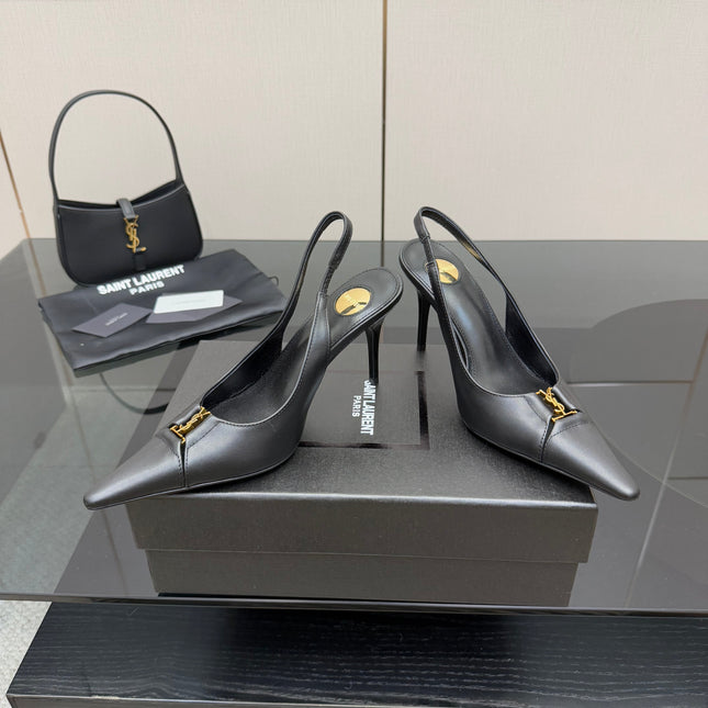 YSL 25S SLINGBACK HIGH HEELS 90 MM IN BLACK SMOOTH LAMBSKIN WITH GOLD HARDWARE STYLE 3