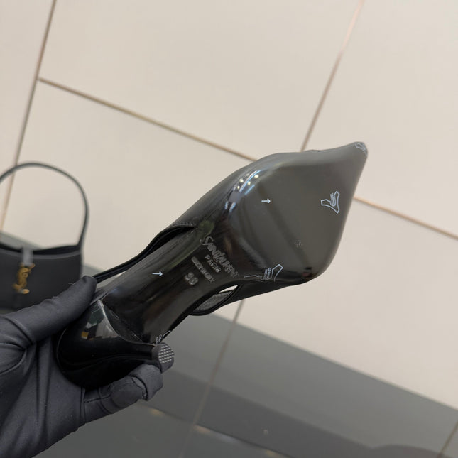 YSL 25S SLINGBACK HIGH HEELS 90 MM IN BLACK SMOOTH LAMBSKIN WITH GOLD HARDWARE STYLE 3