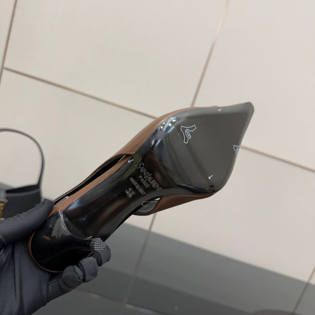 YSL 25S SLINGBACK HIGH HEELS 90 MM IN CHESTNUT BROWN LAMBSKIN WITH GOLD HARDWARE STYLE 1