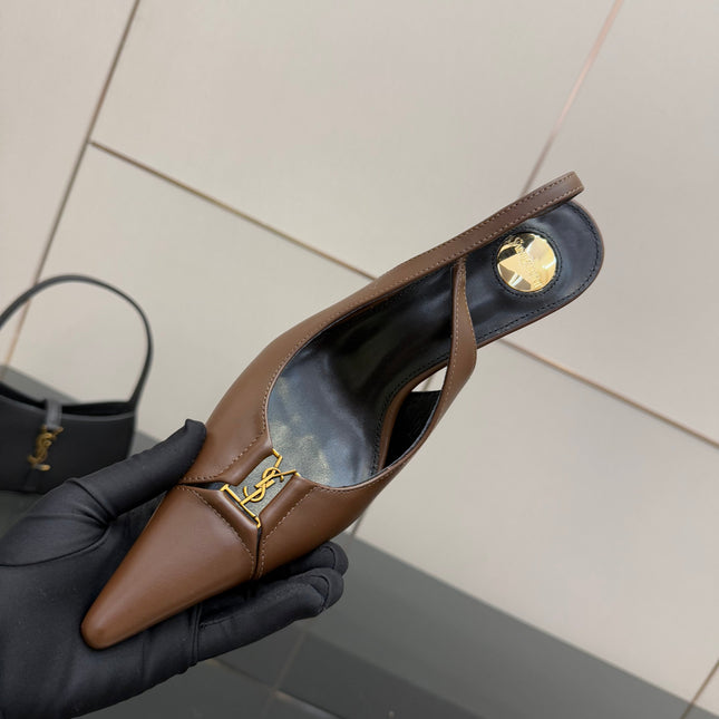 YSL 25S SLINGBACK HIGH HEELS 90 MM IN CHESTNUT BROWN LAMBSKIN WITH GOLD HARDWARE STYLE 1