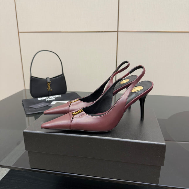 YSL 25S SLINGBACK HIGH HEELS 90 MM IN DARK RED LAMBSKIN WITH GOLD HARDWARE STYLE 2