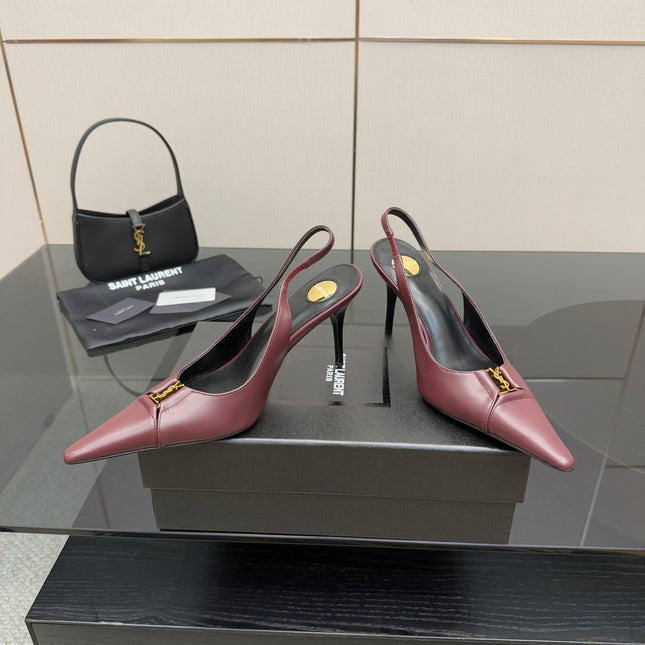 YSL 25S SLINGBACK HIGH HEELS 90 MM IN DARK RED LAMBSKIN WITH GOLD HARDWARE STYLE 2