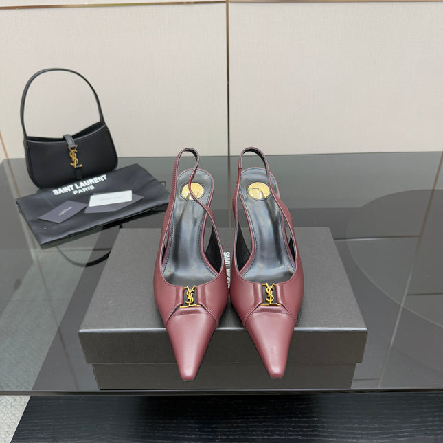 YSL 25S SLINGBACK HIGH HEELS 90 MM IN DARK RED LAMBSKIN WITH GOLD HARDWARE STYLE 2