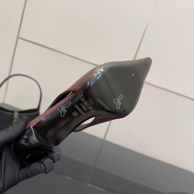 YSL 25S SLINGBACK HIGH HEELS 90 MM IN DARK RED LAMBSKIN WITH GOLD HARDWARE STYLE 2