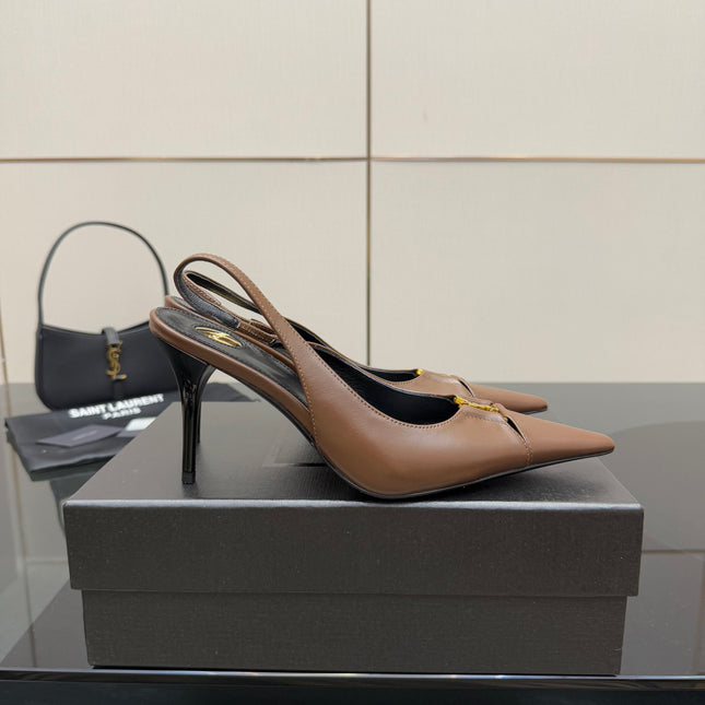 YSL 25S SLINGBACK HIGH HEELS 90 MM IN CHESTNUT BROWN LAMBSKIN WITH GOLD HARDWARE STYLE 1