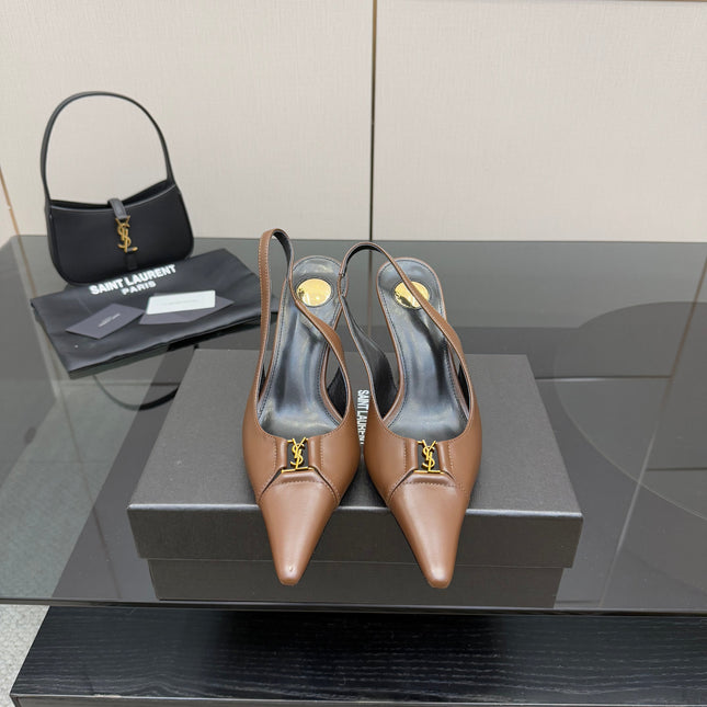 YSL 25S SLINGBACK HIGH HEELS 90 MM IN CHESTNUT BROWN LAMBSKIN WITH GOLD HARDWARE STYLE 1