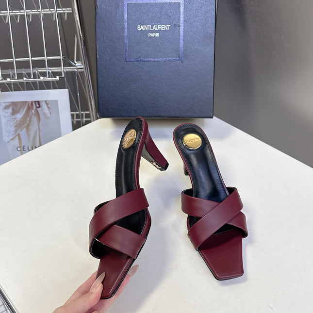 YSL 25S JILL MULES 75MM IN MAHOGANY RED SMOOTH CALFSKIN