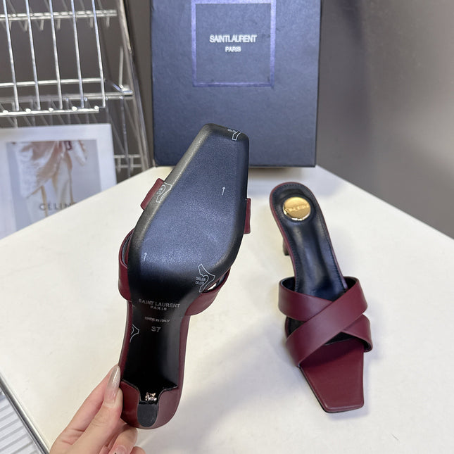 YSL 25S JILL MULES 75MM IN MAHOGANY RED SMOOTH CALFSKIN