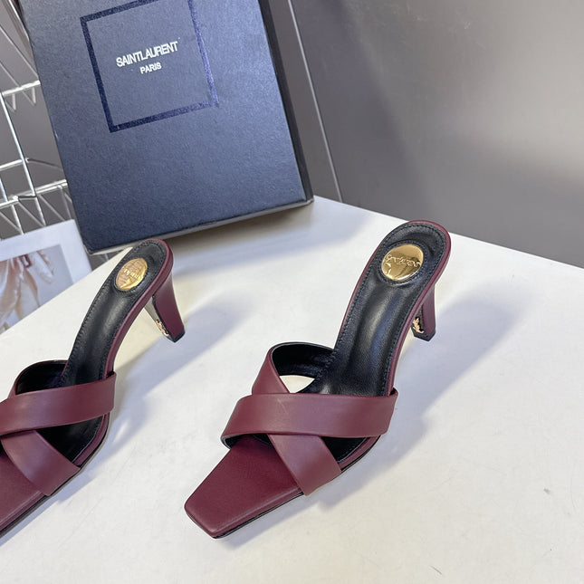 YSL 25S JILL MULES 75MM IN MAHOGANY RED SMOOTH CALFSKIN