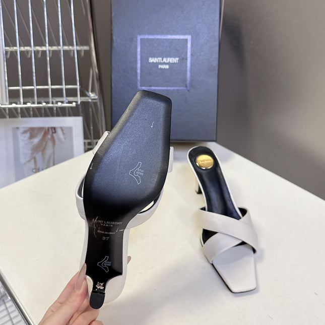 YSL 25S JILL MULES 75MM IN WHITE SMOOTH CALFSKIN