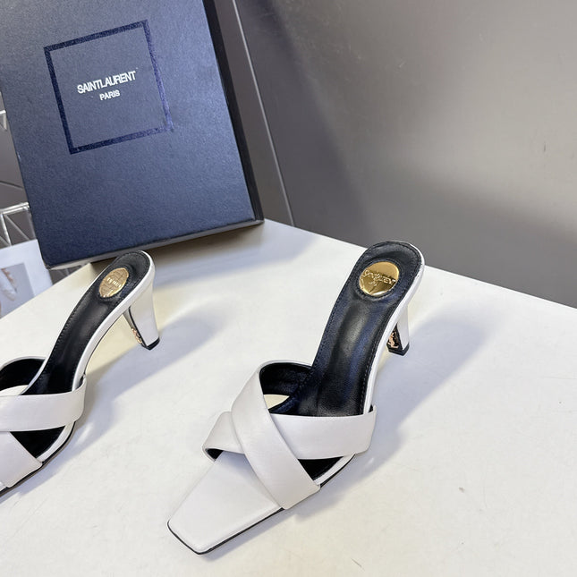 YSL 25S JILL MULES 75MM IN WHITE SMOOTH CALFSKIN