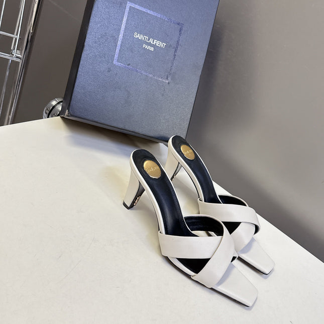 YSL 25S JILL MULES 75MM IN WHITE SMOOTH CALFSKIN