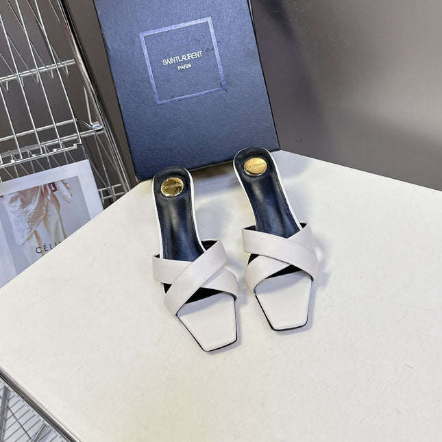 YSL 25S JILL MULES 75MM IN WHITE SMOOTH CALFSKIN