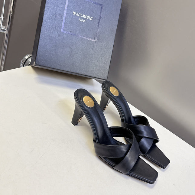 YSL 25S JILL MULES 75MM IN BLACK SMOOTH CALFSKIN