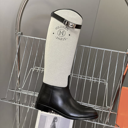 HM 25S JUMPING BOOT IN BLACK LAMBSKIN AND GREY CANVAS WITH SILVER HARDWARE