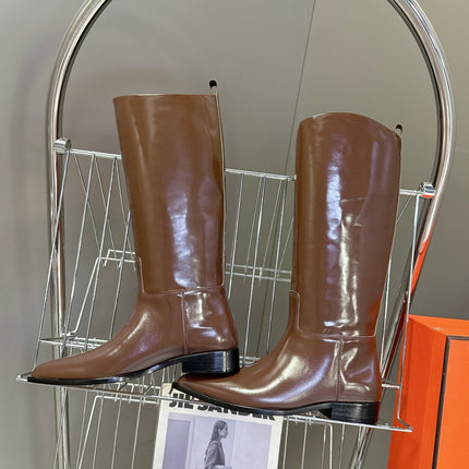 HM 25S POINTED-TOE KNEE-HIGH BOOTS IN BROWN GLOSSY LAMBSKIN