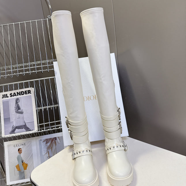 DIOR D-FIGHT BOOT 25S IN WHITE CALFSKIN WITH SILVER HARDWARE