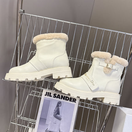 DIORALPS ANKLE BOOTS 25S IN WHITE LAMBSKIN AND BEIGE WOOL WITH GOLD HARDWARE