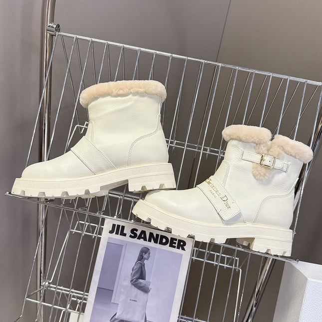 DIORALPS ANKLE BOOTS 25S IN WHITE LAMBSKIN AND BEIGE WOOL WITH GOLD HARDWARE