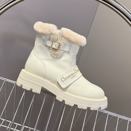 DIORALPS ANKLE BOOTS 25S IN WHITE LAMBSKIN AND BEIGE WOOL WITH GOLD HARDWARE