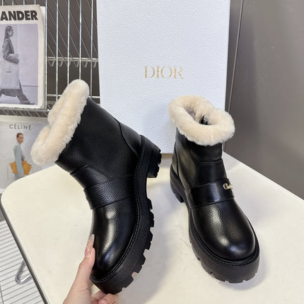 DIORALPS ANKLE BOOTS 25S IN BLACK LAMBSKIN AND BEIGE WOOL WITH SILVER HARDWARE