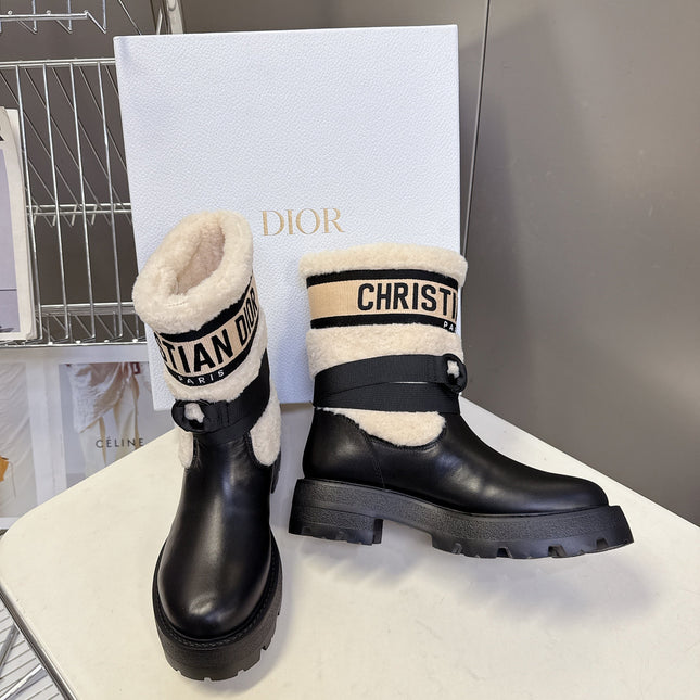 DIOR 25S D-MAJOR ANKLE BOOTS IN BLACK LAMBSKIN AND CREAM WHITE WOOL