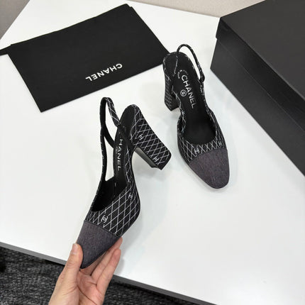 CC SLINGBACK 25S 90 MM IN BLACK DENIM WITH PLAID PATTERN