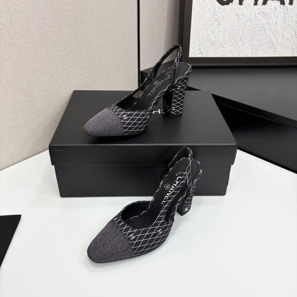 CC SLINGBACK 25S 90 MM IN BLACK DENIM WITH PLAID PATTERN