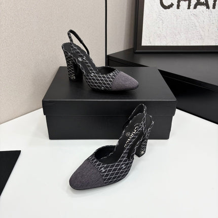 CC SLINGBACK 25S 90 MM IN BLACK DENIM WITH PLAID PATTERN