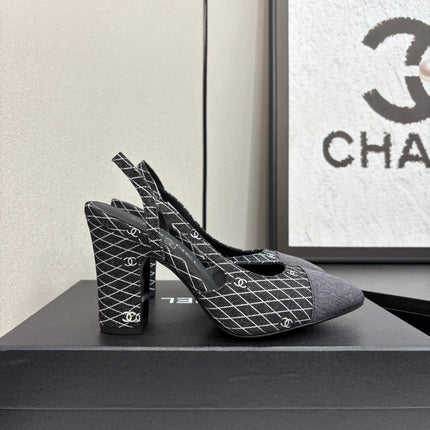 CC SLINGBACK 25S 90 MM IN BLACK DENIM WITH PLAID PATTERN