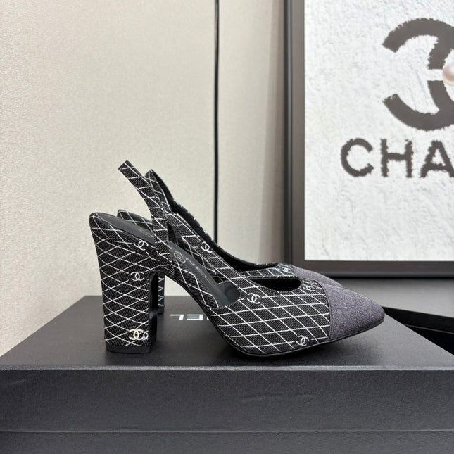 CC SLINGBACK 25S 90 MM IN BLACK DENIM WITH PLAID PATTERN