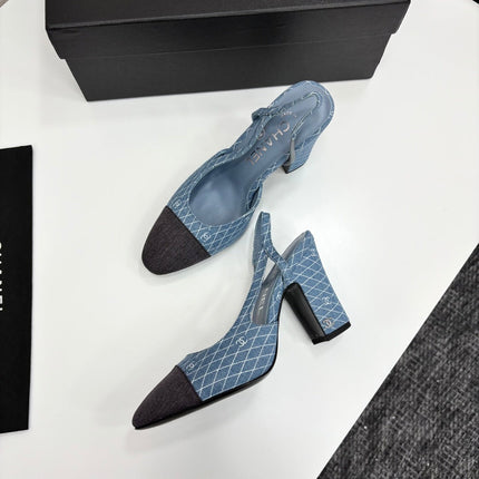 CC SLINGBACK 25S 90 MM IN BLUE DENIM WITH PLAID PATTERN