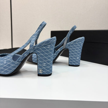 CC SLINGBACK 25S 90 MM IN BLUE DENIM WITH PLAID PATTERN