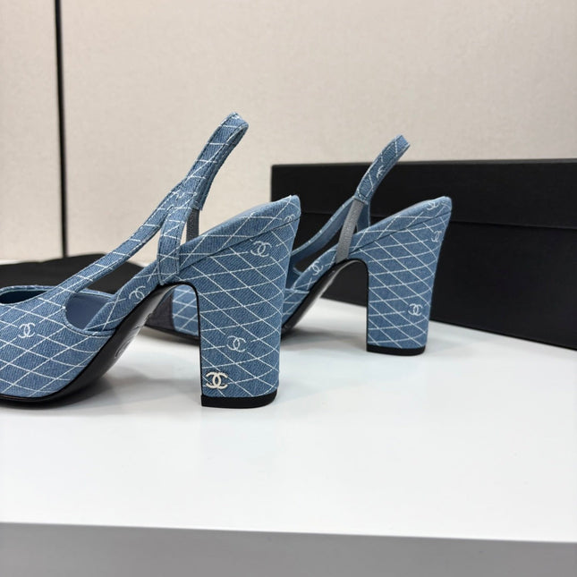 CC SLINGBACK 25S 90 MM IN BLUE DENIM WITH PLAID PATTERN