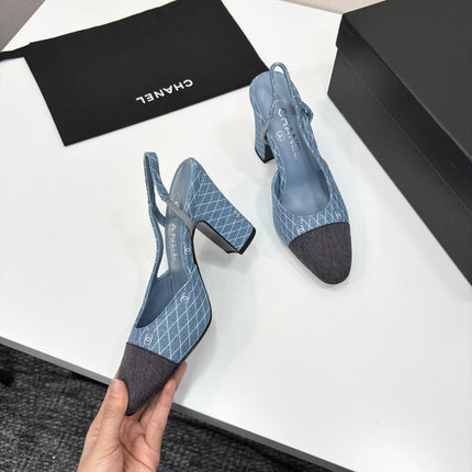 CC SLINGBACK 25S 90 MM IN BLUE DENIM WITH PLAID PATTERN