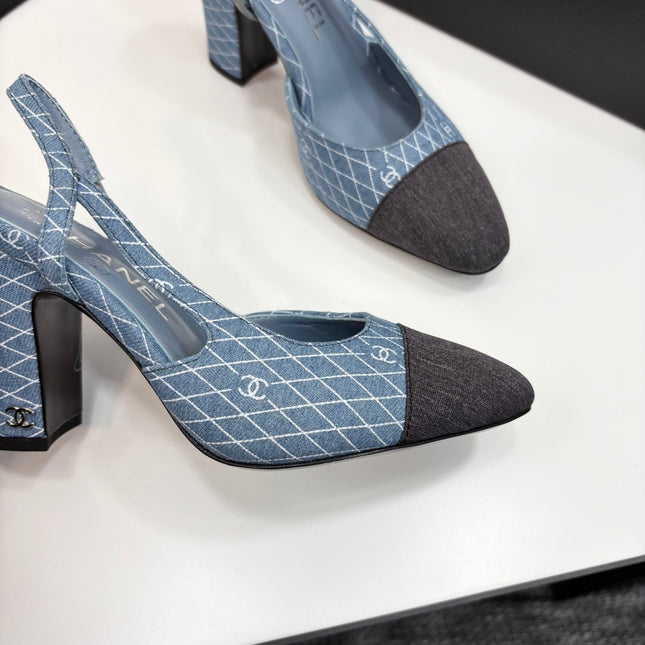 CC SLINGBACK 25S 90 MM IN BLUE DENIM WITH PLAID PATTERN
