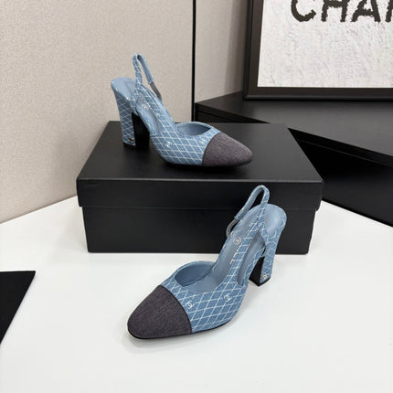 CC SLINGBACK 25S 90 MM IN BLUE DENIM WITH PLAID PATTERN