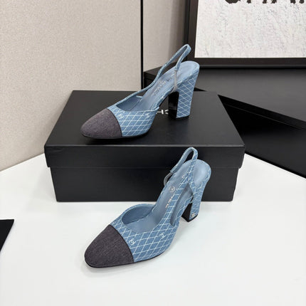 CC SLINGBACK 25S 90 MM IN BLUE DENIM WITH PLAID PATTERN