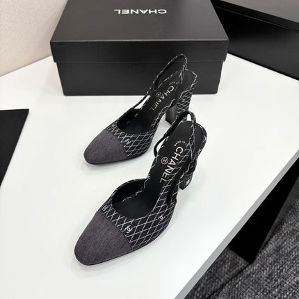 CC SLINGBACK 25S 90 MM IN BLACK DENIM WITH PLAID PATTERN