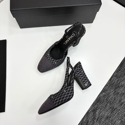 CC SLINGBACK 25S 90 MM IN BLACK DENIM WITH PLAID PATTERN