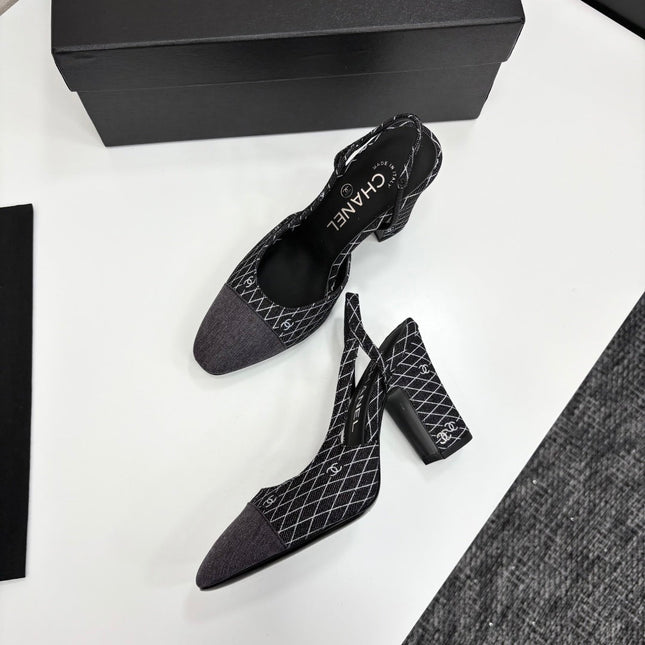 CC SLINGBACK 25S 90 MM IN BLACK DENIM WITH PLAID PATTERN