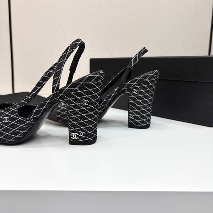 CC SLINGBACK 25S 90 MM IN BLACK DENIM WITH PLAID PATTERN