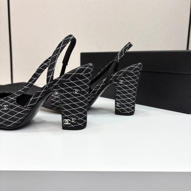 CC SLINGBACK 25S 90 MM IN BLACK DENIM WITH PLAID PATTERN