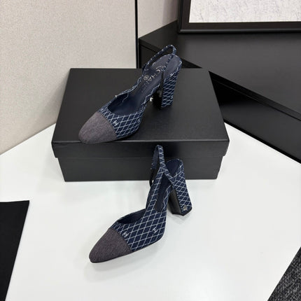CC SLINGBACK 25S 90 MM IN NAVY BLUE DENIM WITH PLAID PATTERN